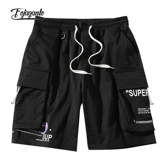 FOJAGANTO Men Summer Cargo Shorts Trend Brand Men High Street Drawstring Knee Length Shorts Fashion Printing Casual Shorts Male